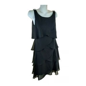 Robert Louis Dress Black Chiffon Round Neck Layered Lined Bling size S
